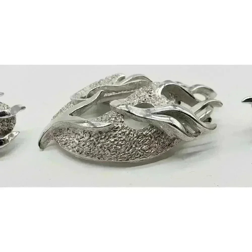 Vintage Crown Trifari Brooch Earrings Set MCM Fire & Ice Flames Silver RARE